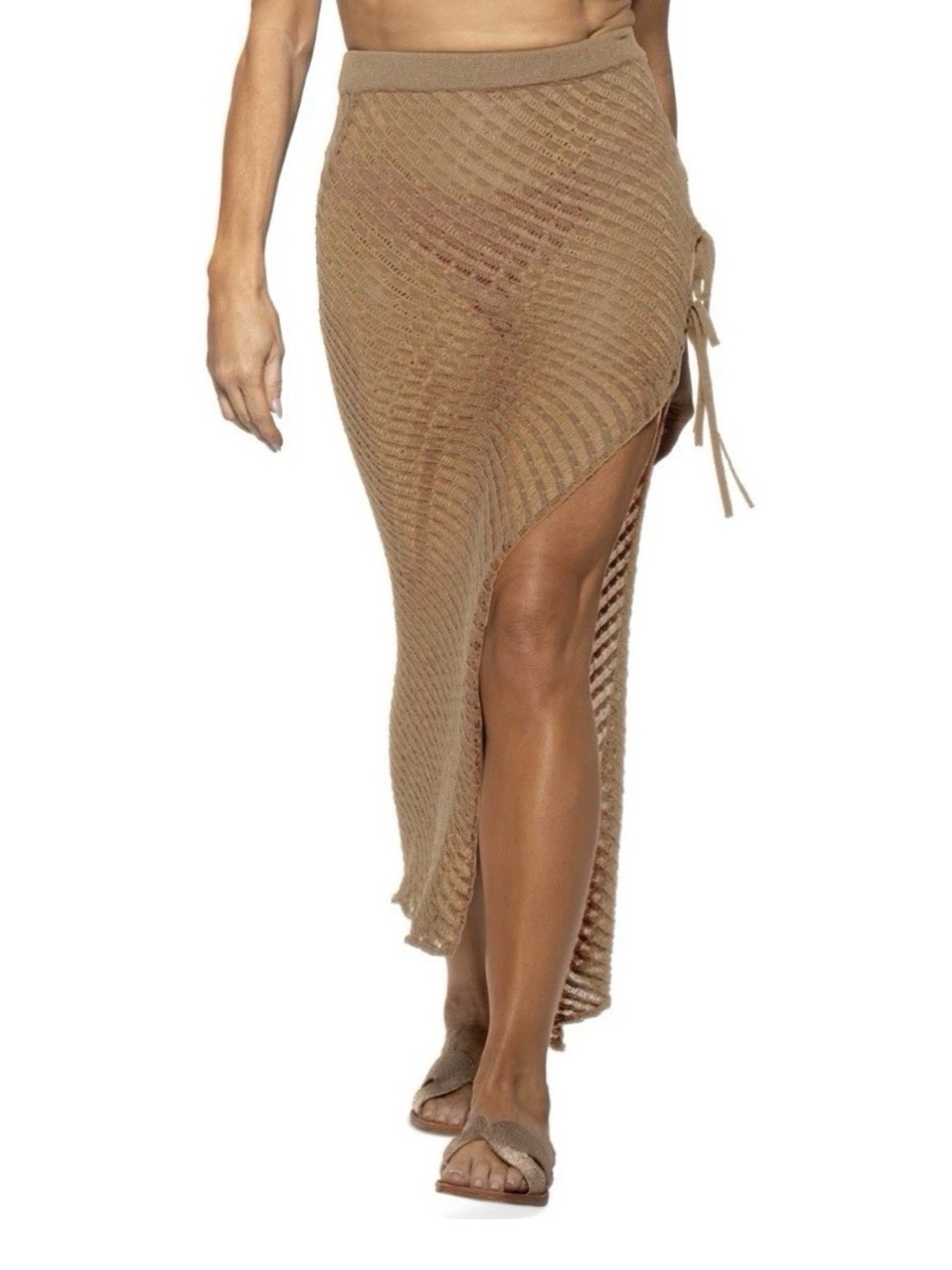 Dotti Women's Crochet Side-Tie Cover-Up Maxi Skirt, Taupe, Size Small, MSRP $78